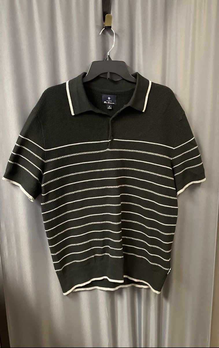 Ben Sherman Men's Black Gray Striped Short Sleeve Knit Polo Shirt Size M