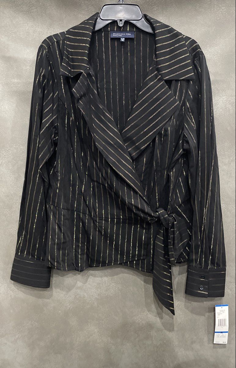 Jones New York Signature Women's Black Gold Metallic Wrap Shirt Blouse NWT XL
