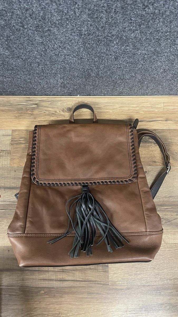 iLi Brown Black Leather Whipstitch Tassel Mini Backpack Bag RFID