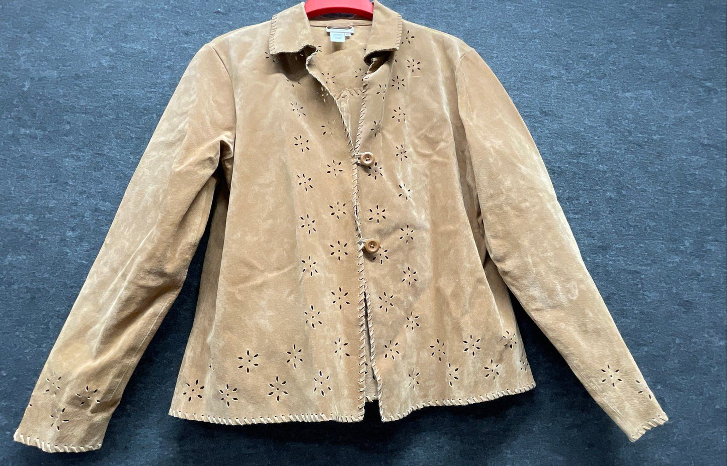Vintage Coldwater Creek Women's Tan Leather Perforated Floral Jacket Sz L