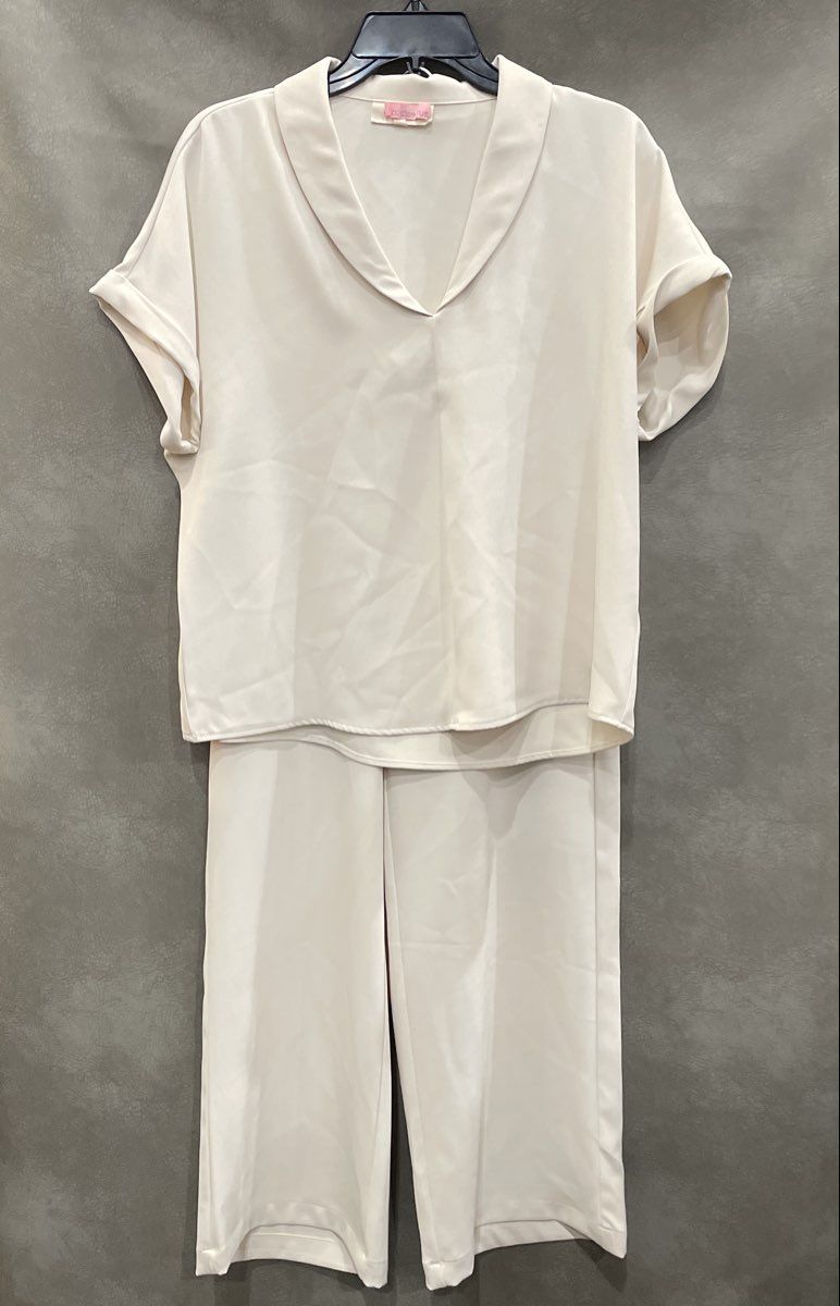 Melloday Women's Ivory 2 Piece Set V-Neck Short Sleeve Top Wide Leg Pants Sz M