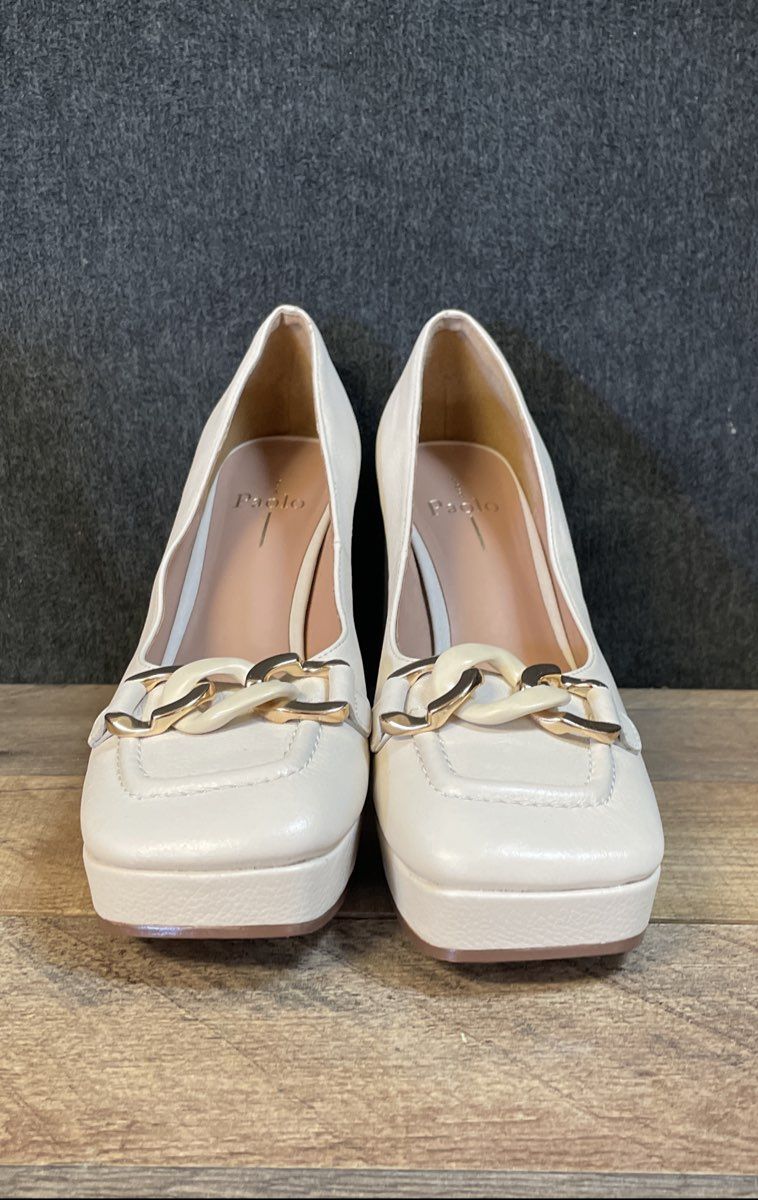 Linea Paolo Cream Leather Square Box Toe Platform Block Heels Size 9.5M