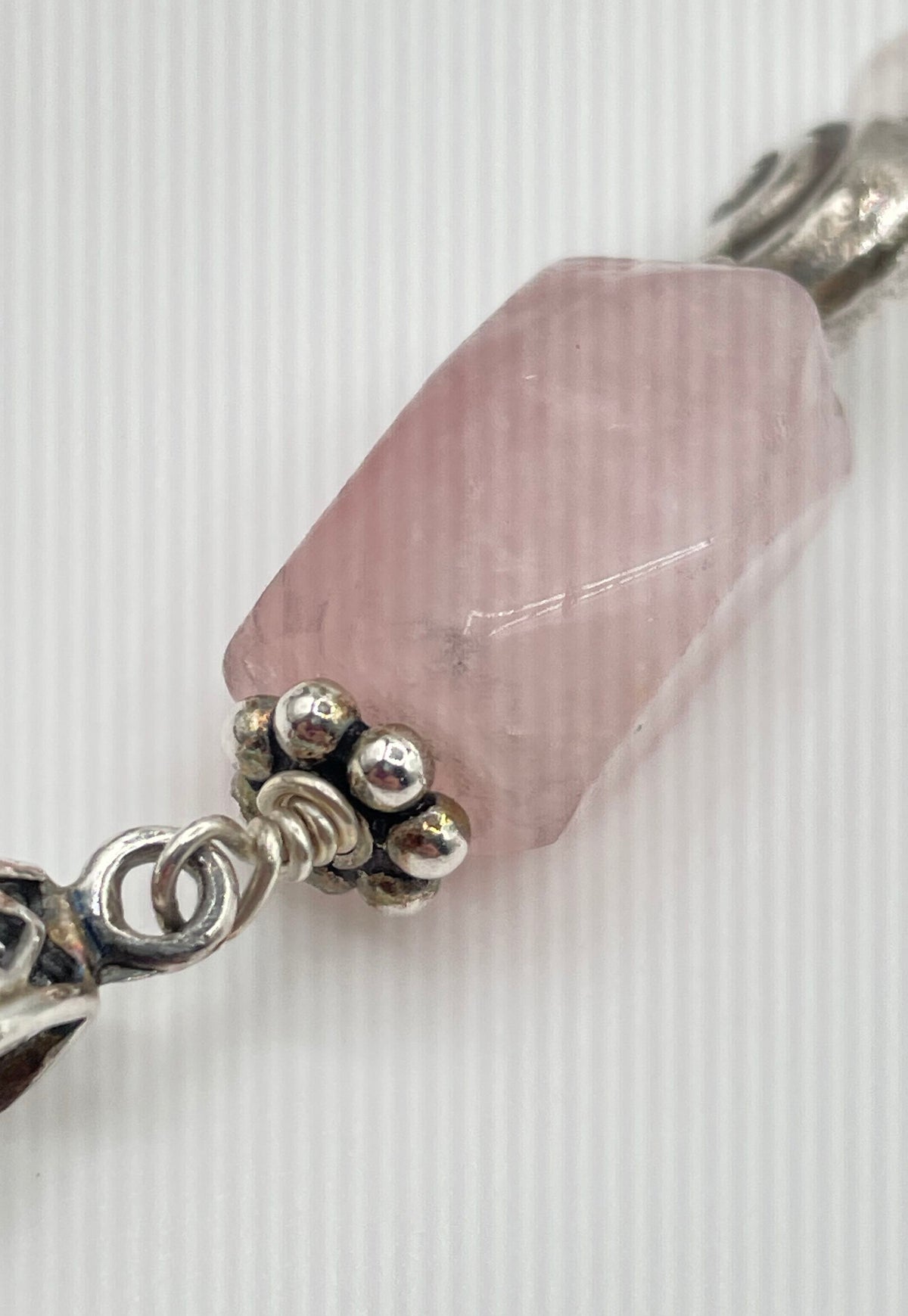 925 Sterling Silver Ornate Bead & Rose Quartz Pendant 11.8g