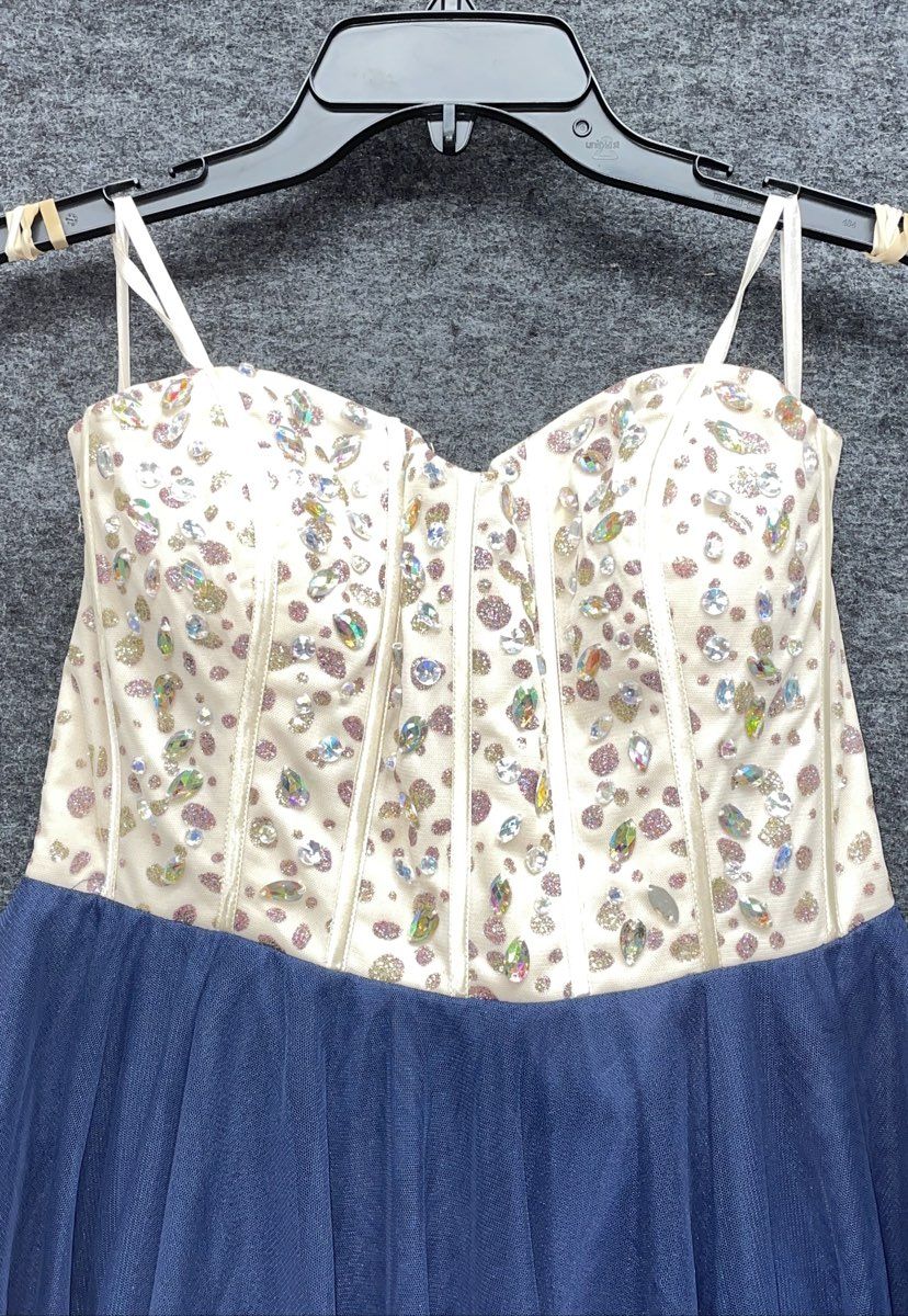 Women's Navy Blue Tulle Homecoming Dress Rhinestone Beaded Corset Bodice Sz M