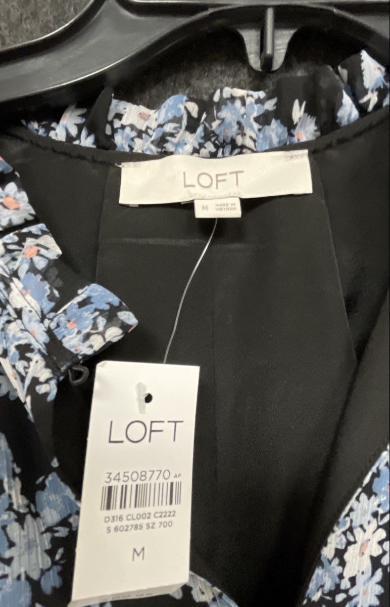 LOFT Women's Black Blue Floral Ruffle Neck Sleeveless Tiered Midi Dress Sz M NWT