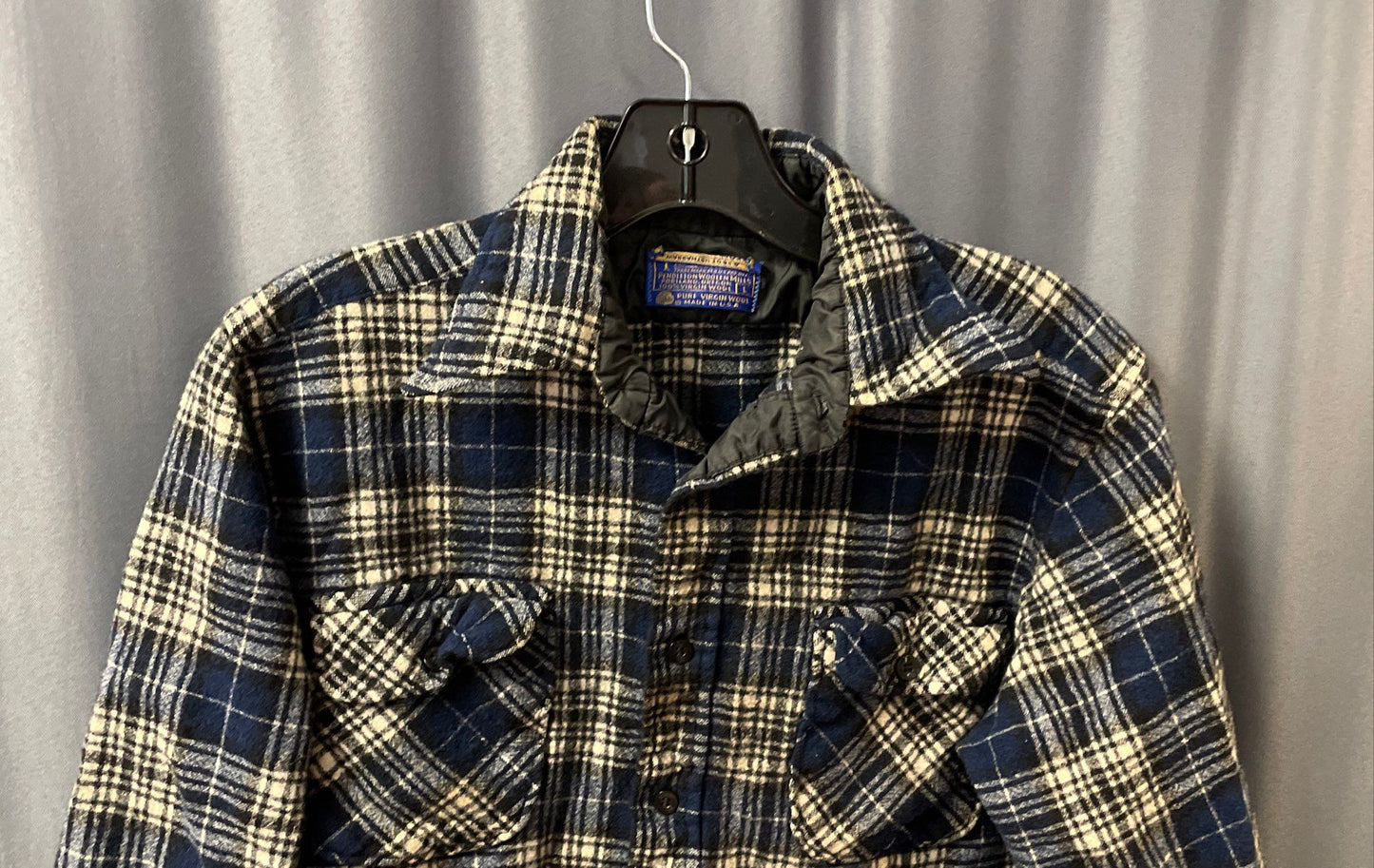 Vintage 70s Pendleton Men's Blue Cream Plaid Wool Board Shirt Made in USA Sz L