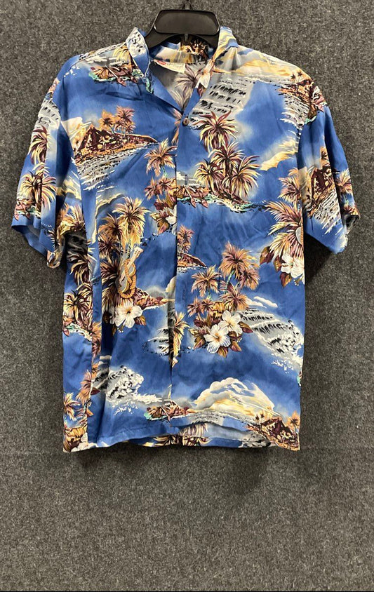 Vintage 90s Hilo Hattie Boy's Blue Rayon Tropical Scenic Hawaiian Shirt Sz XL