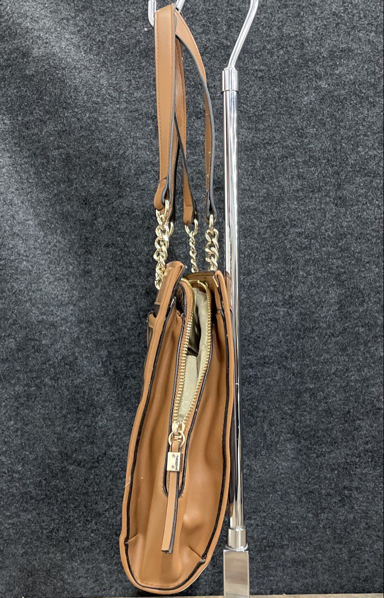 Jones New York Signature Brown Black Leather Monogram Tote Bag Gold Hardware