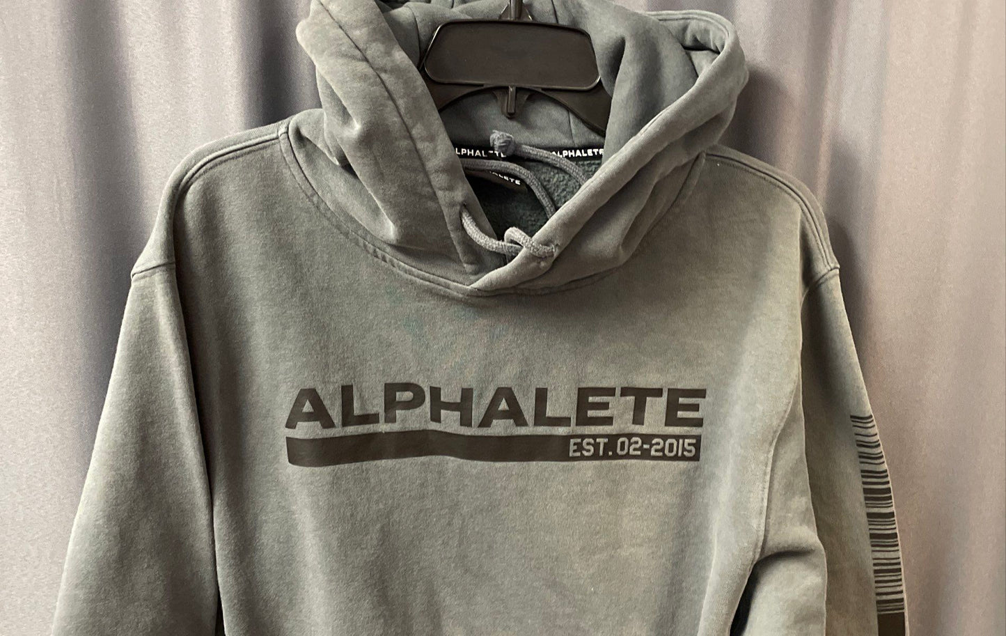 Alphalete Men's Blue Gray Pullover Gym Hoodie Graphic Barcode Sleeve Sz S