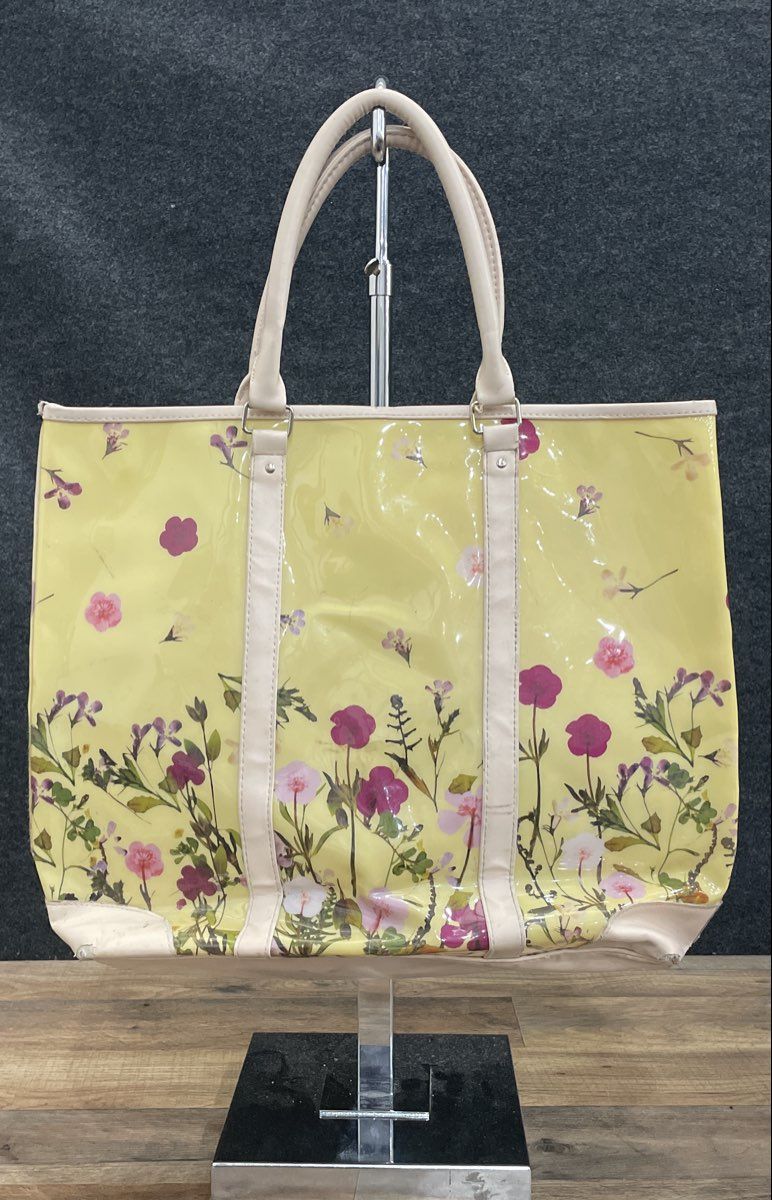Yellow Floral Print Coated Canvas Tote Bag Large Flower Pattern Shoulder Bag