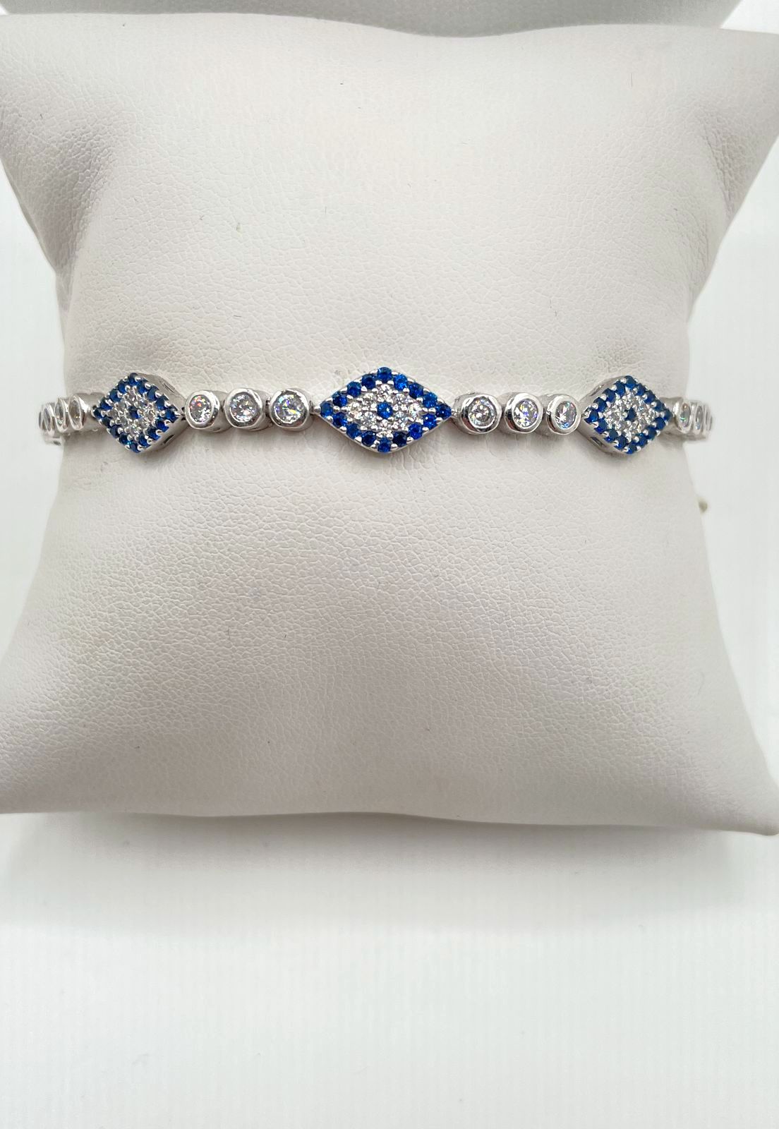 925 Sterling Silver Clear CZ Blue Sapphire Evil Eye Bolo Tennis Bracelet 8.6g