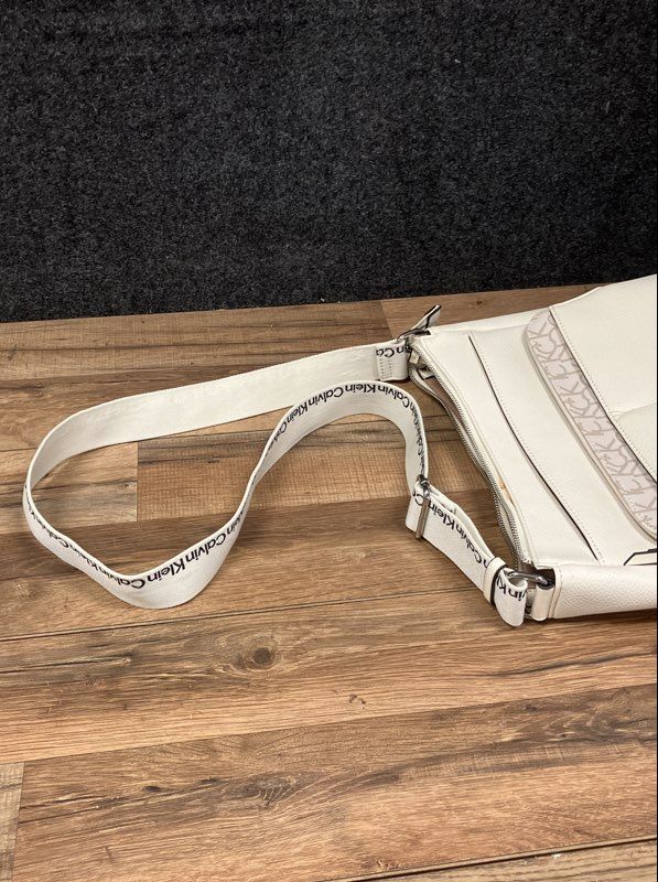 Calvin Klein Off-White Pebbled Crossbody Bag Logo Strap Monogram Trim Large
