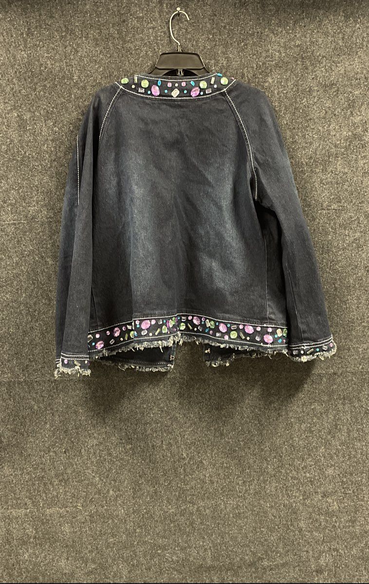 DG2 Diane Gilman Women's Dark Wash Studded Gem Denim Jacket Open Front L