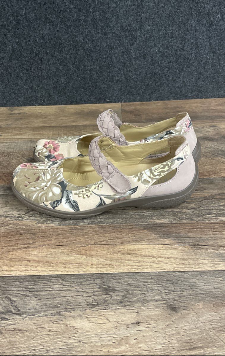 Hotter Floral Mary Jane Braided Strap Comfort Flats Purple Beige UK Size 5.5