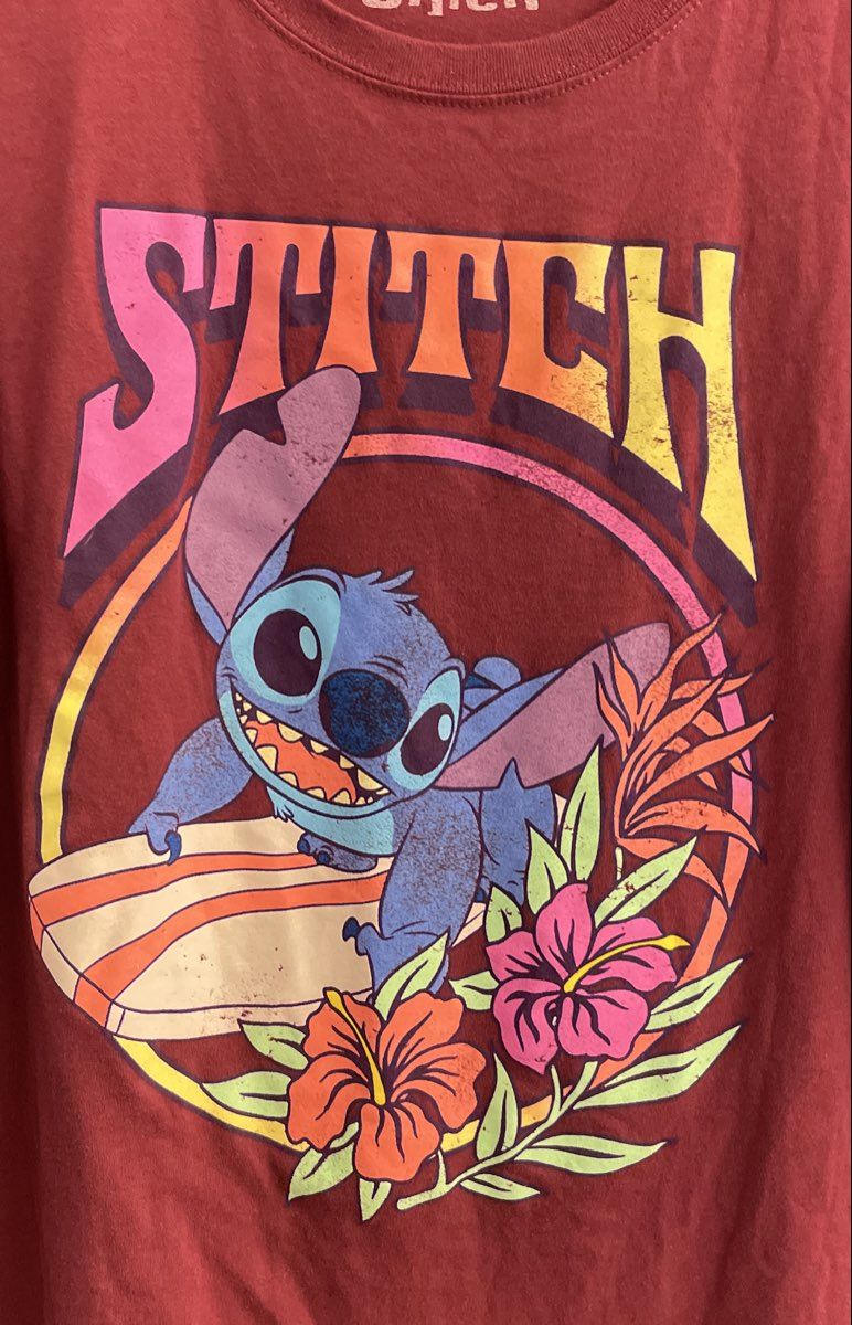 Disney Stitch Maroon Surfing Hibiscus Graphic T-Shirt Sz XL