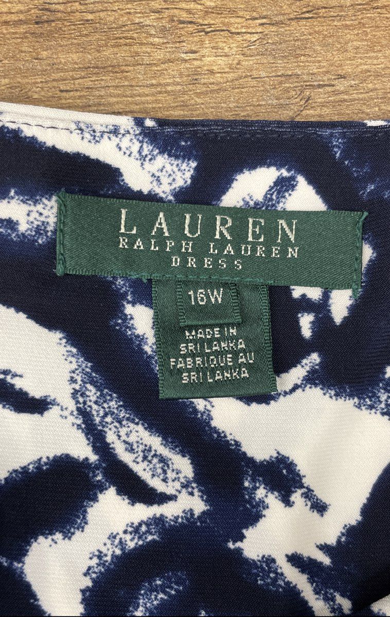 Lauren Ralph Lauren Women's Navy White Empire Print V-Neck Ruched Dress Sz 16W