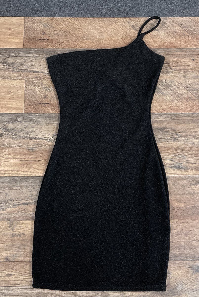 Windsor Women's Black Metallic Shimmer One Shoulder Bodycon Mini Dress D6935 S