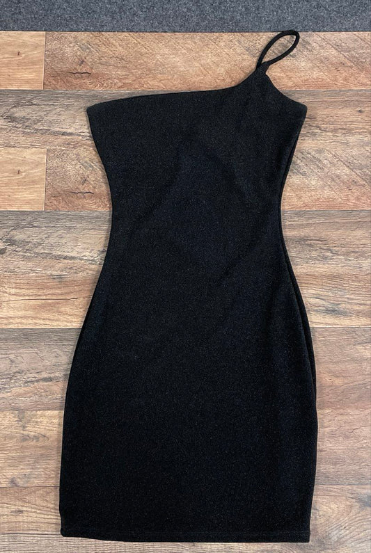 Windsor Women's Black Metallic Shimmer One Shoulder Bodycon Mini Dress D6935 S