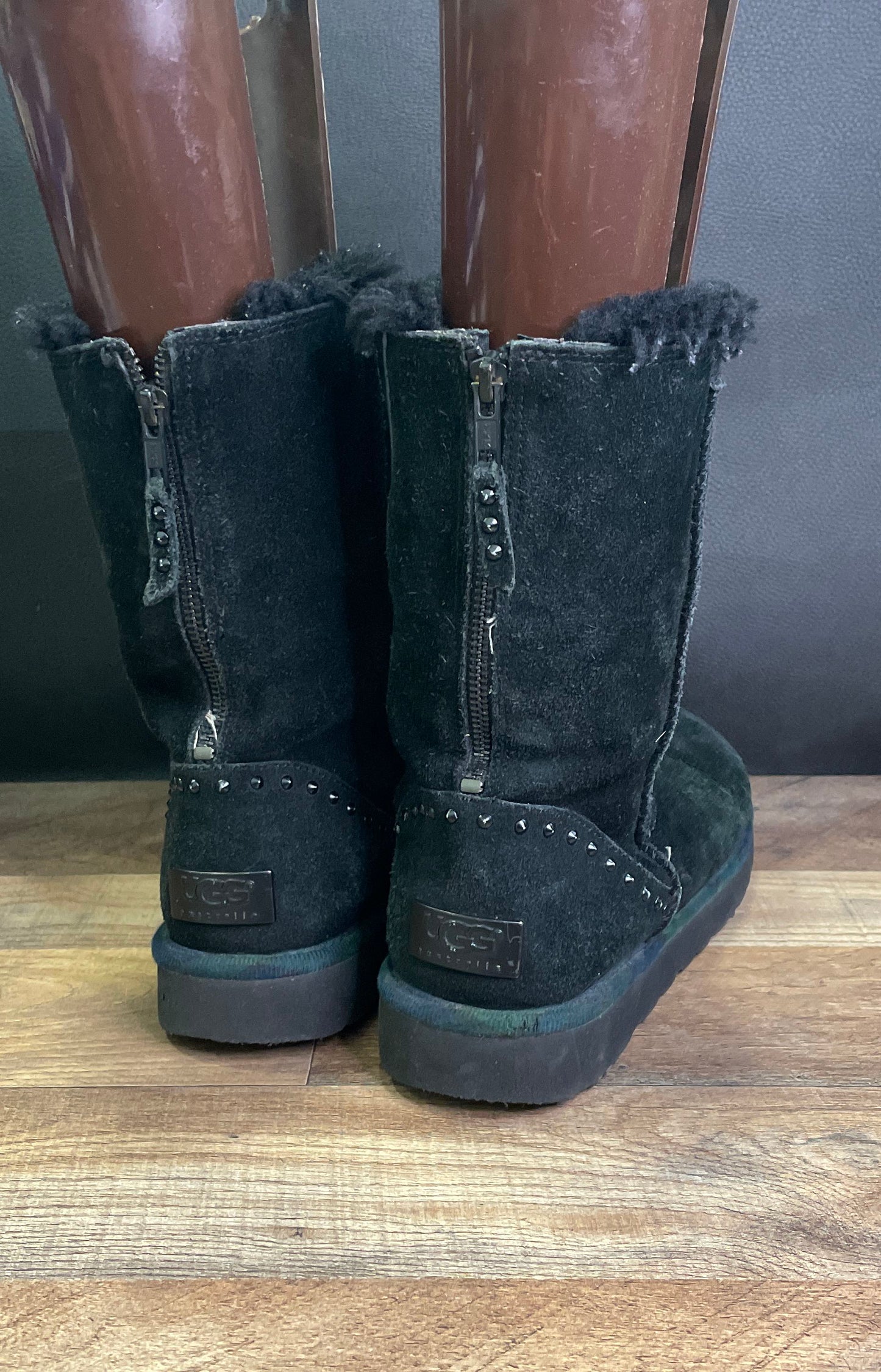 UGG Florence Black Suede Shearling Side Zip Studded Boots Women's Size 10