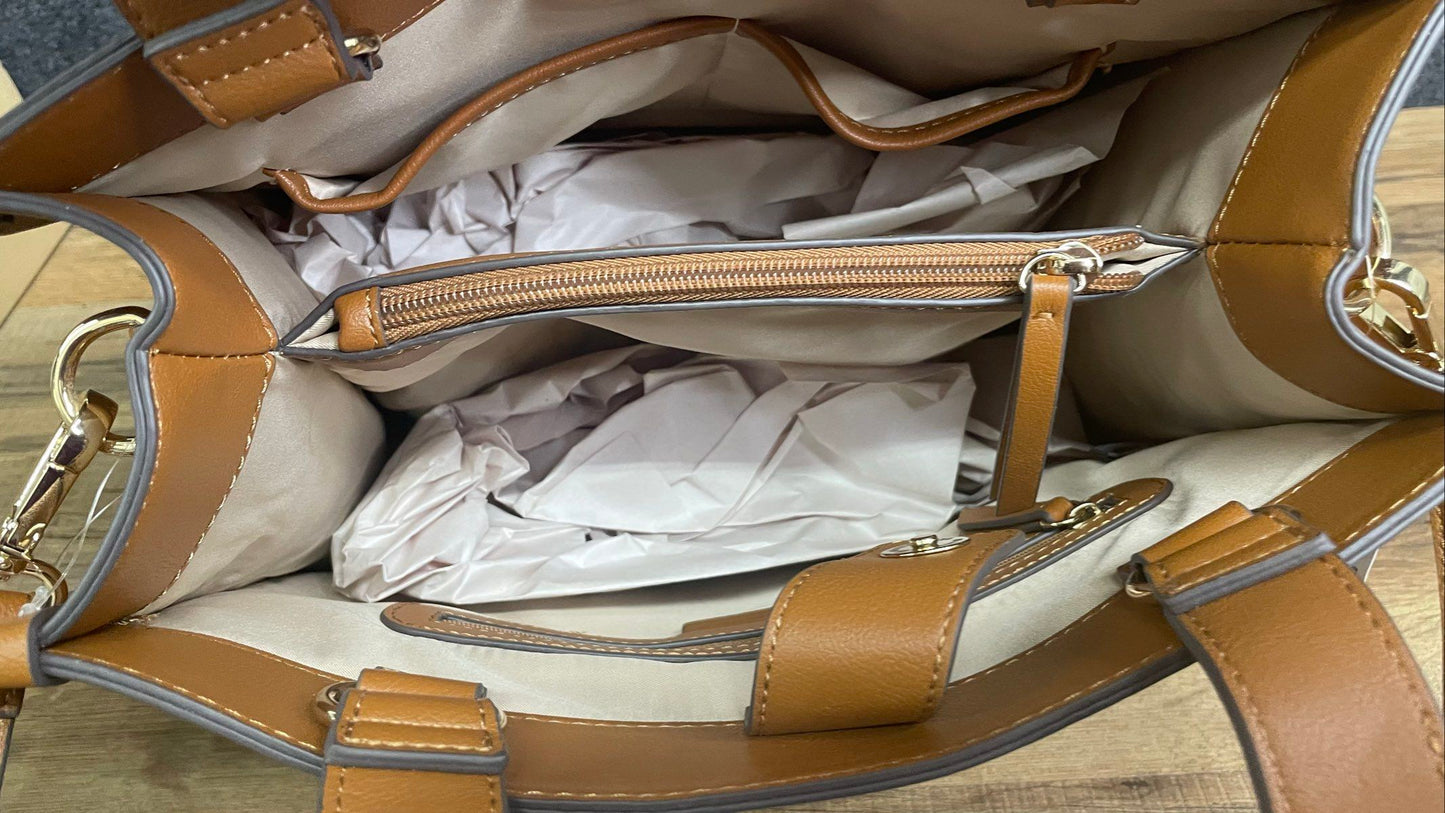 INC International Concepts Tan Caitlinn Woven Tote Handbag Gold Hardware NWT