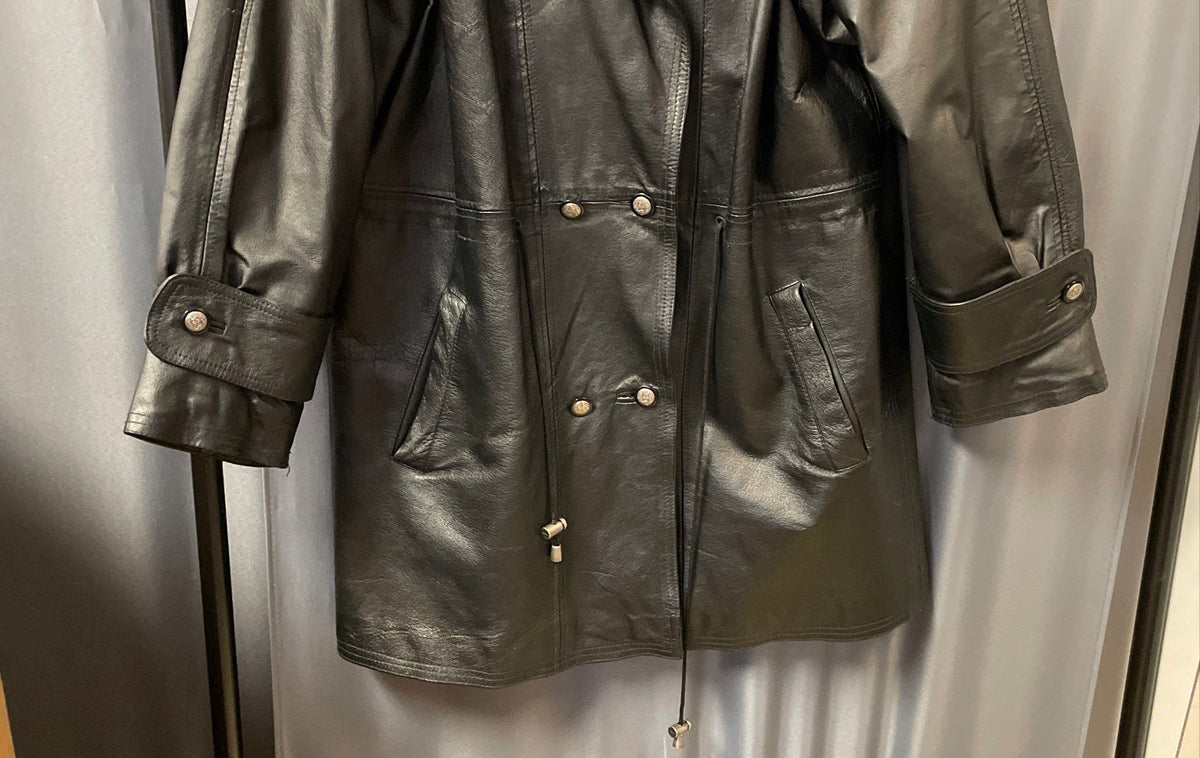 Vintage 90s Comint Women's Black Leather Hooded Double Breasted Jacket Sz M