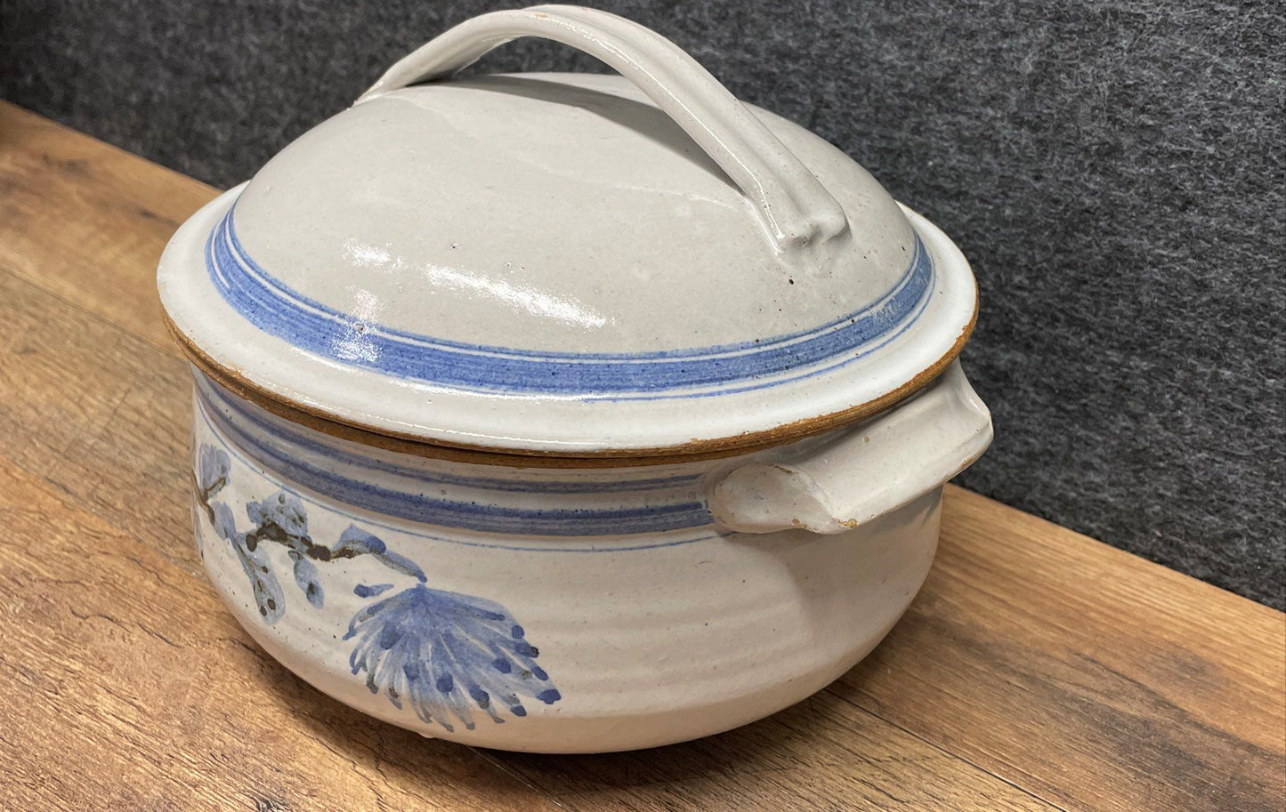 Vintage Studio Art Pottery Casserole Dish Lidded Stoneware Blue Floral Signed