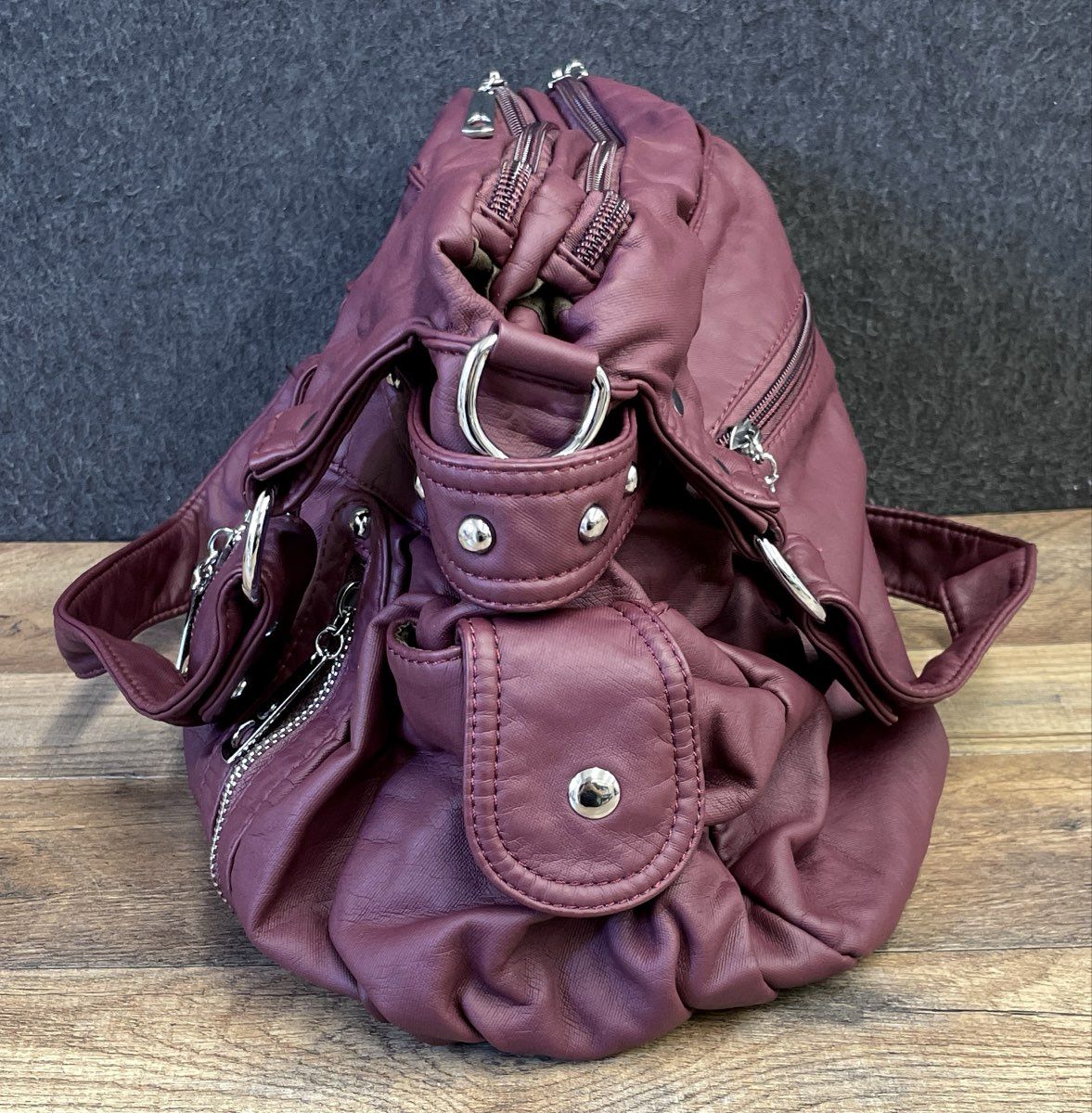 Scarleton Maroon Studded Vegan Leather Shoulder Bag Satchel Silver Hardware