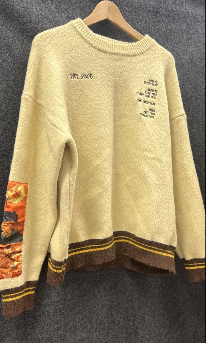 Aelfric Eden Mens Van Gogh Sunflowers Knit Sweater Cream Embroidered Patch Sz XL