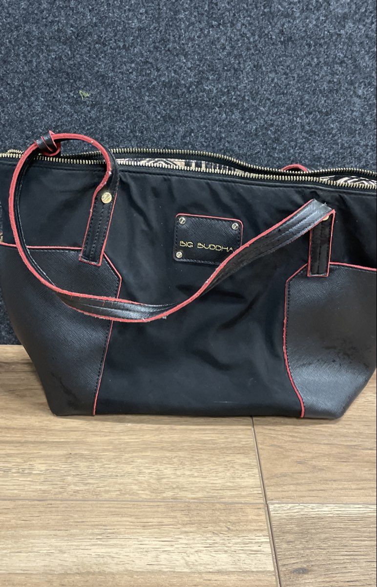 Big Buddha Black Red Trim Saffiano Texture Nylon Tote Bag Large Gold Tone