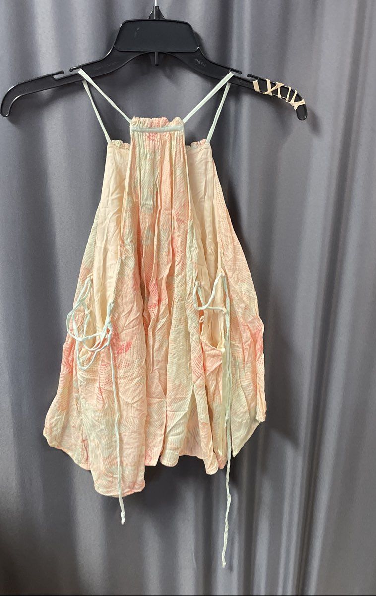 Free People Women's Peach Green Dotted Ruffle Halter Blouse Rayon Top Sz S