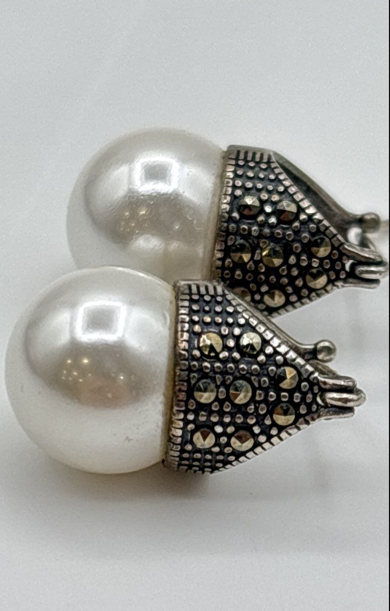 925 Sterling Silver Marcasite Accent Cap Faux Pearl Earrings 7.6g