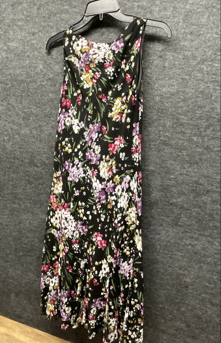 Chaps Women's Black Sleeveless Floral Print Midi Dress Tiered Flare Skirt Sz 6