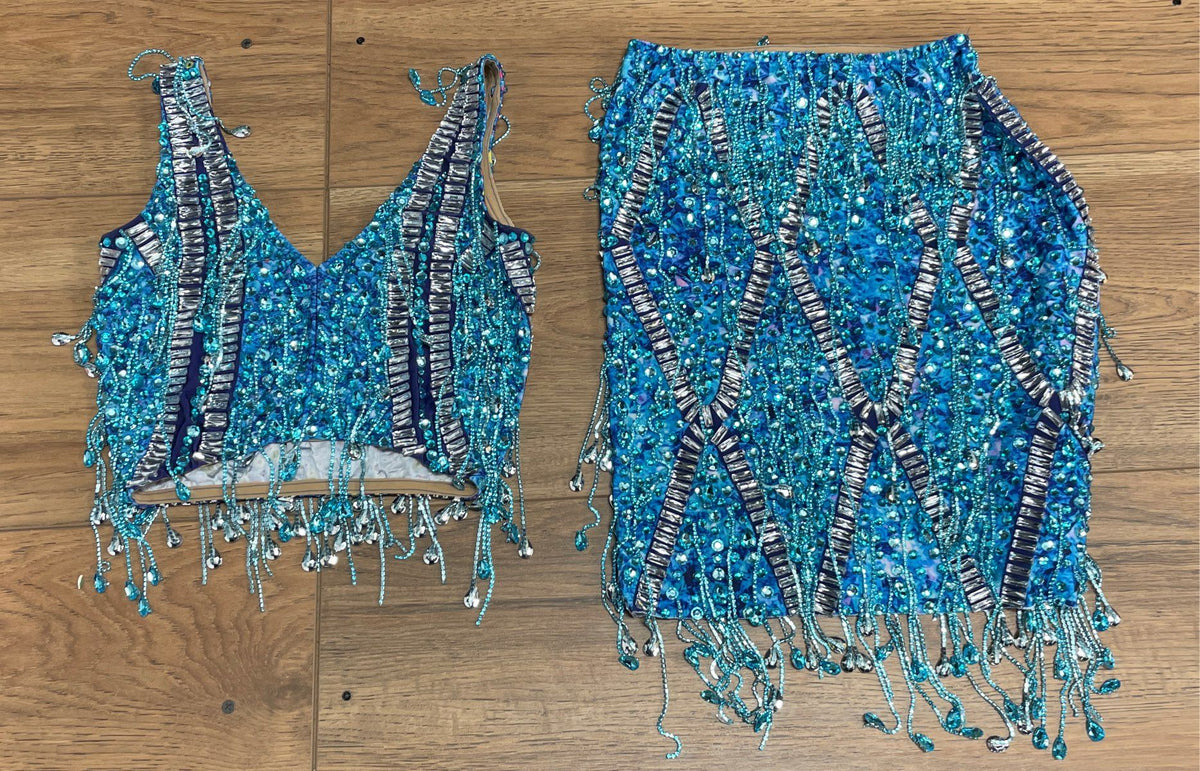 Women's Blue 2-Piece Performance Dance Outfit Beaded Rhinestone Fringe Set Sz S