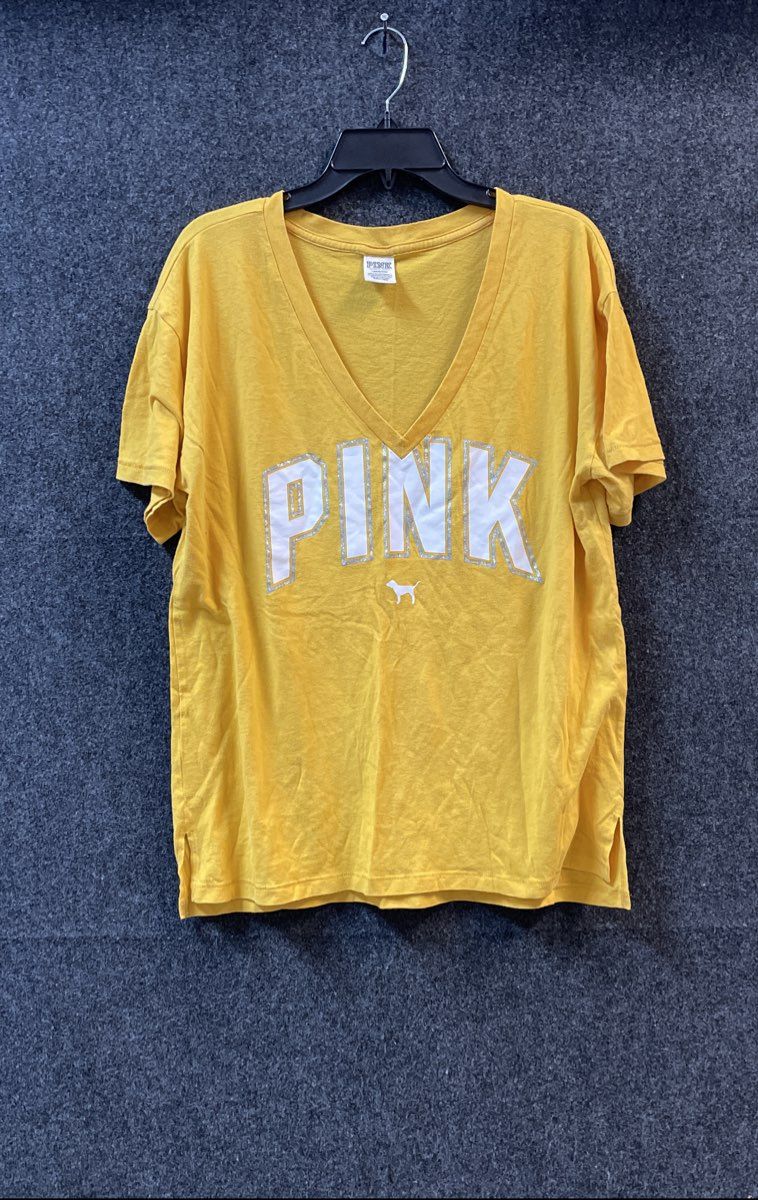 PINK Victoria's Secret Women's Yellow Silver Glitter Logo V-Neck T-Shirt Sz L