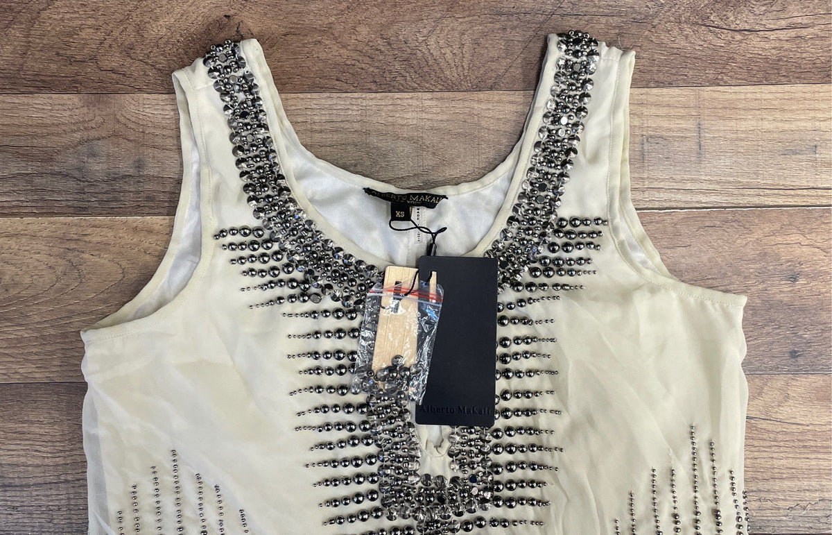Alberto Makali Women's Beaded Studded Shift Dress Cream Ivory NWT Sz XS