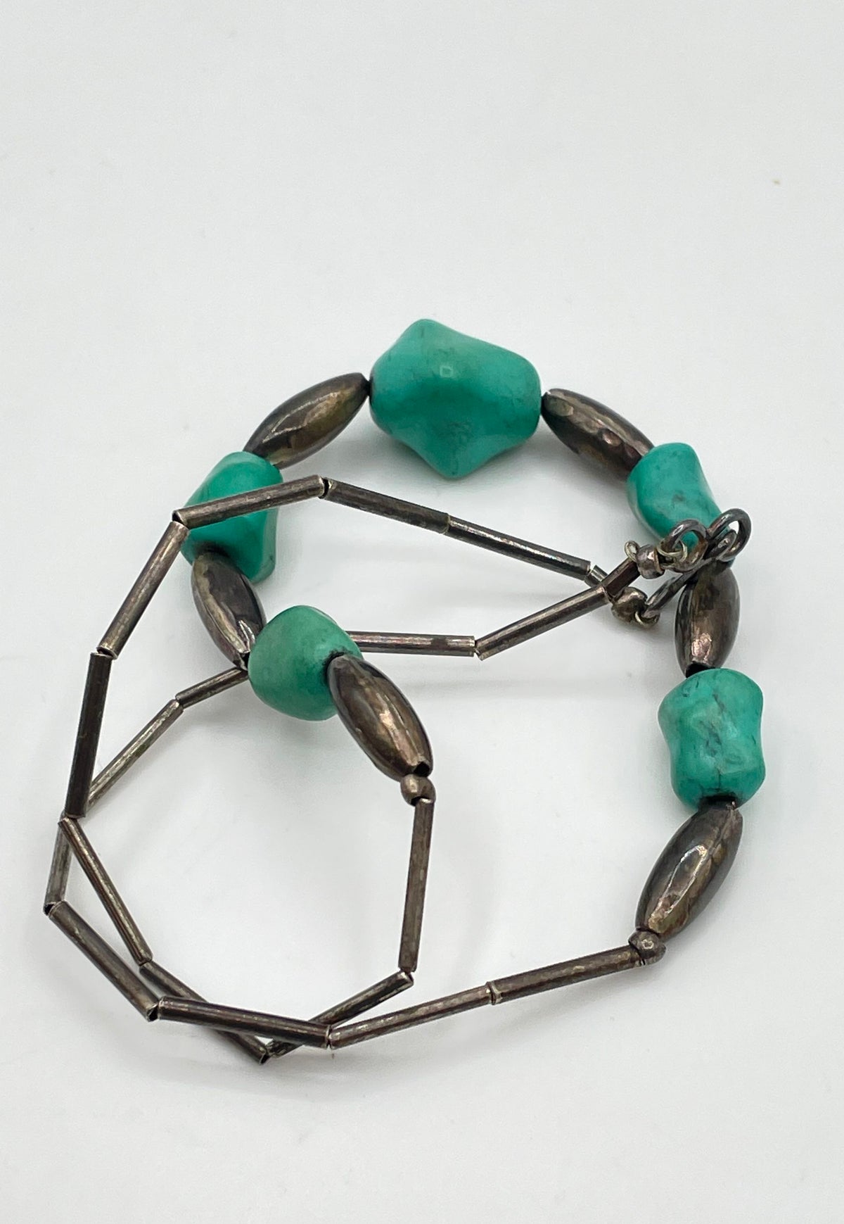 925 Sterling Silver Turquoise Barrel Tube Bead Southwestern Style Necklace 12.3g