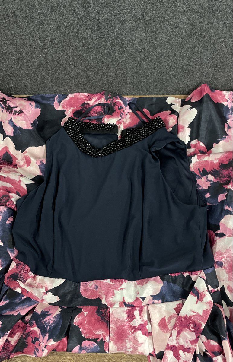 SLNY Women's Navy Blue Beaded Neckline High-Low Floral Evening Gown Dress Sz 12