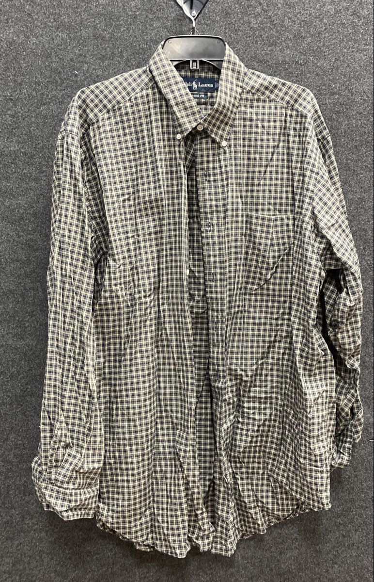 Ralph Lauren Classic Fit Plaid Button Down Shirt Long Sleeve Navy Tan Sz XL