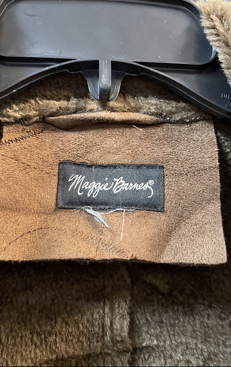Maggie Barnes Women's Brown Faux Suede Fur Trim Abstract Pattern Coat Sz XL/XXL