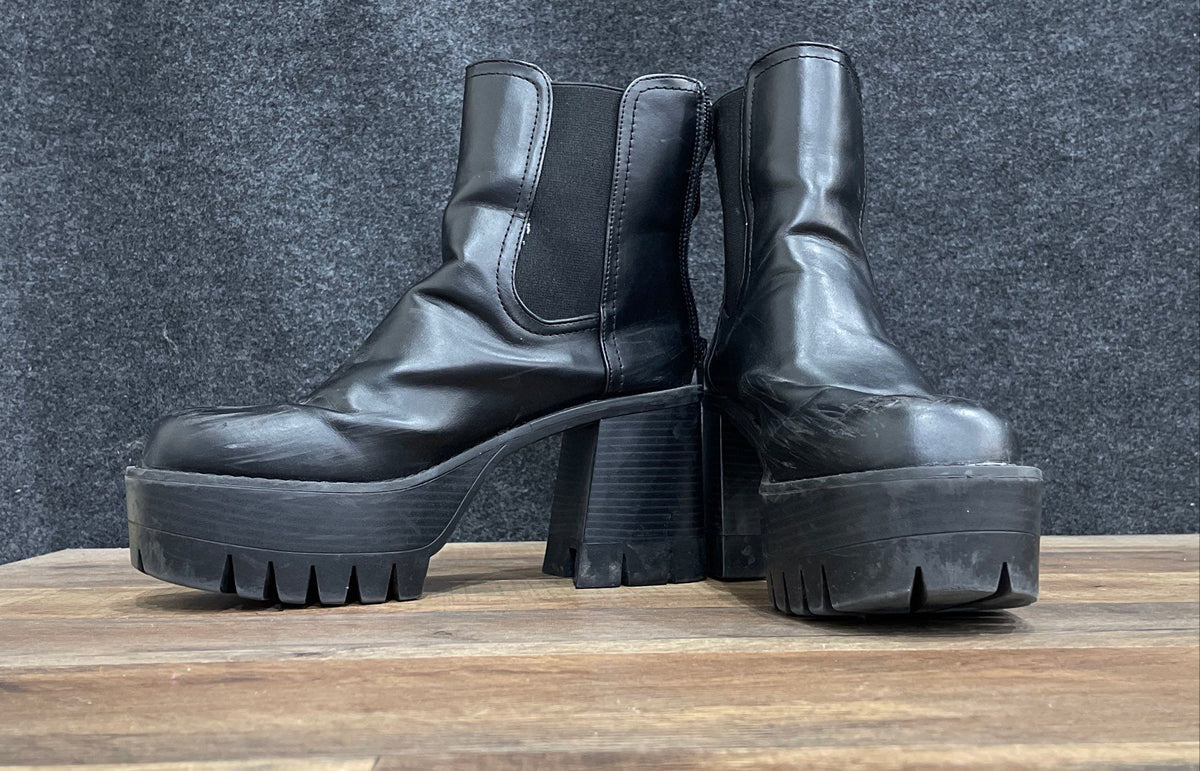 Black Faux Leather Platform Block Heel Lug Sole Ankle Boots Women's Size 6.5