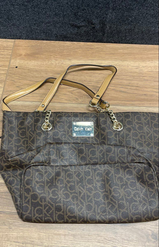 Calvin Klein Brown Monogram Coated Canvas Tote Bag Gold Chain Hardware Large