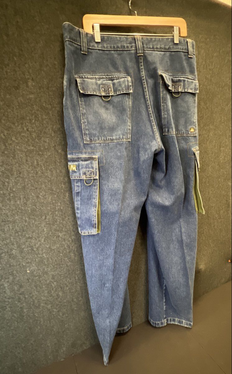 Vintage 90s First Down Men's Blue Baggy Cargo Denim Jeans Multi-Pocket Sz 38x34
