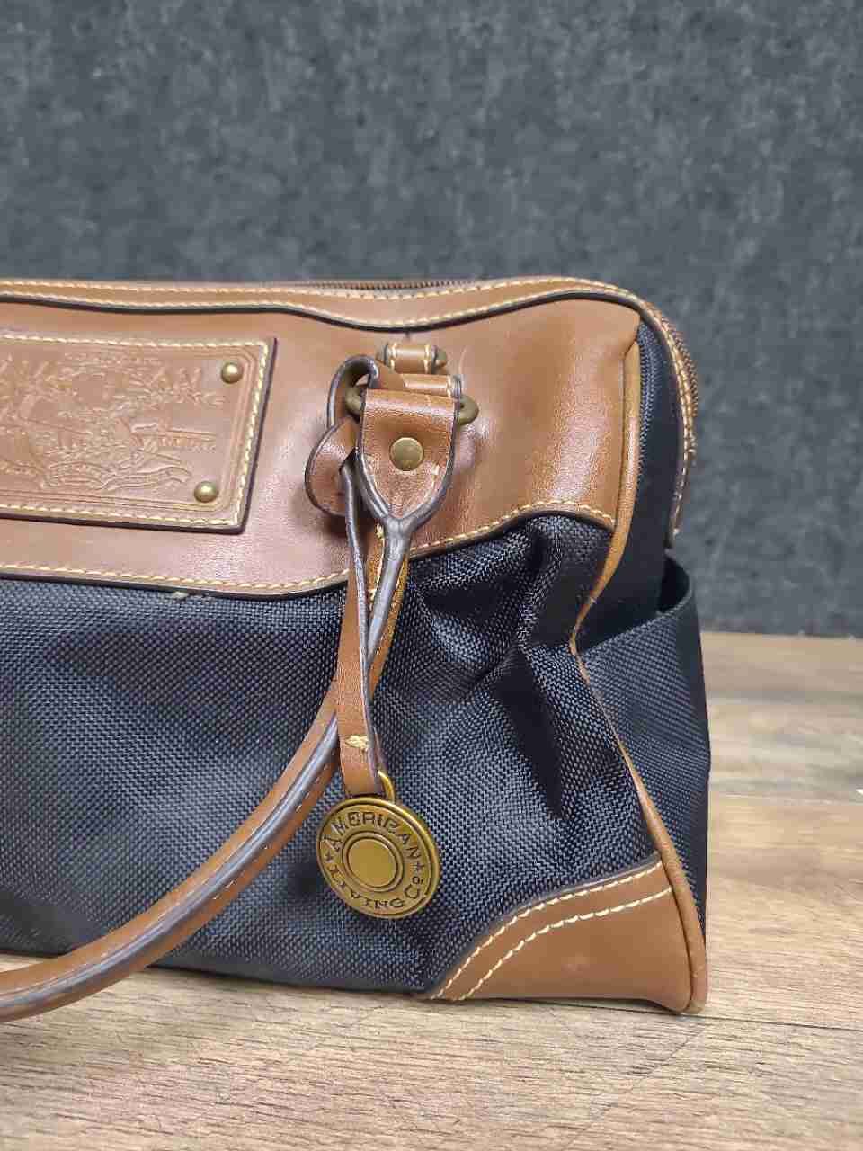 American Living Black Canvas Brown Leather Trim Small Duffle Satchel Bag