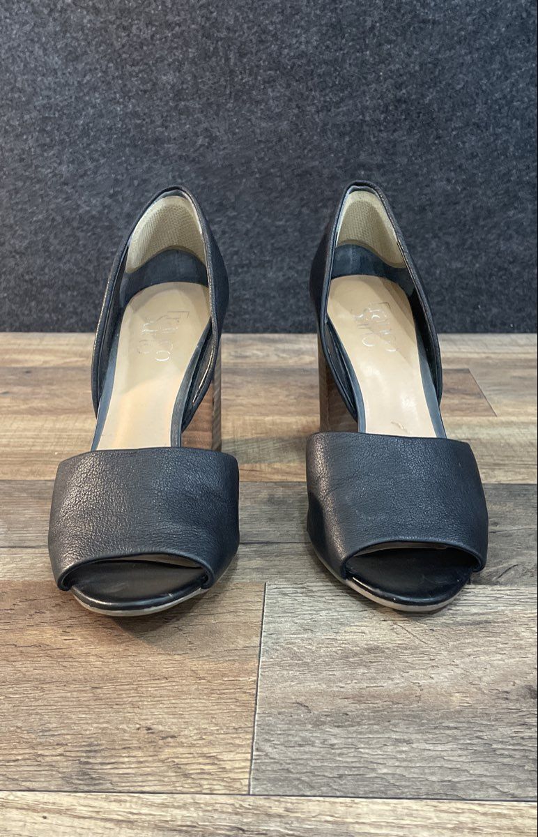 Franco Sarto Black Leather Open Toe Block Heel D'Orsay Sandals Women's Size 8.5