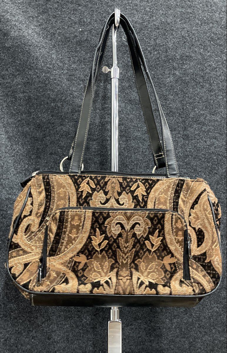 Vintage Brown Gold Tapestry Fabric Shoulder Bag Faux Leather Trim Buckle Front
