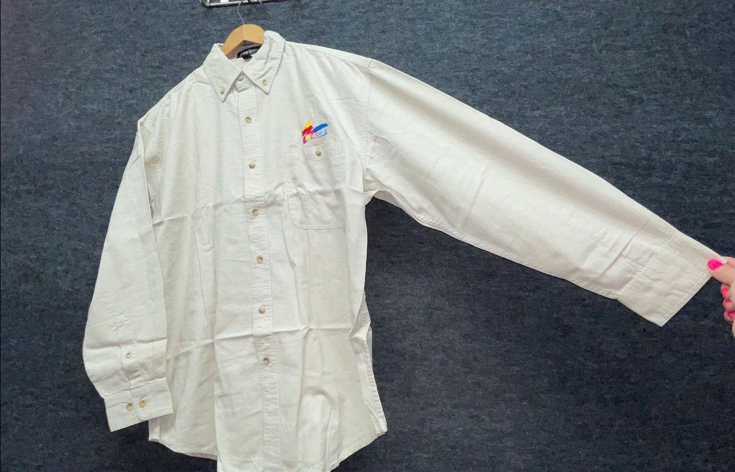 King Louie Vintage 90s NASCAR Embroidered Twill Button Down Shirt Tan NOS Sz M