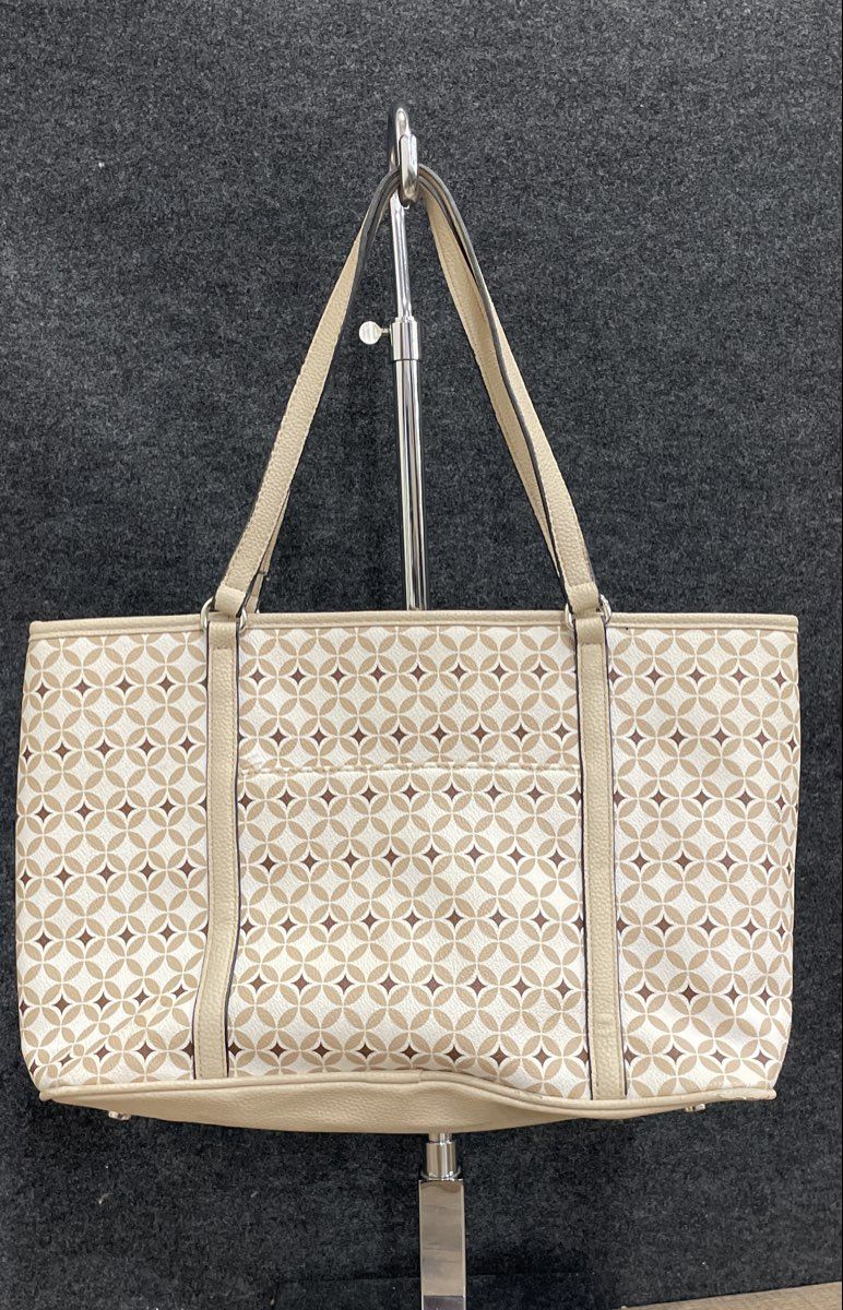 Dana Buchman Cream White Green Geometric Pattern Leather Tote Handbag