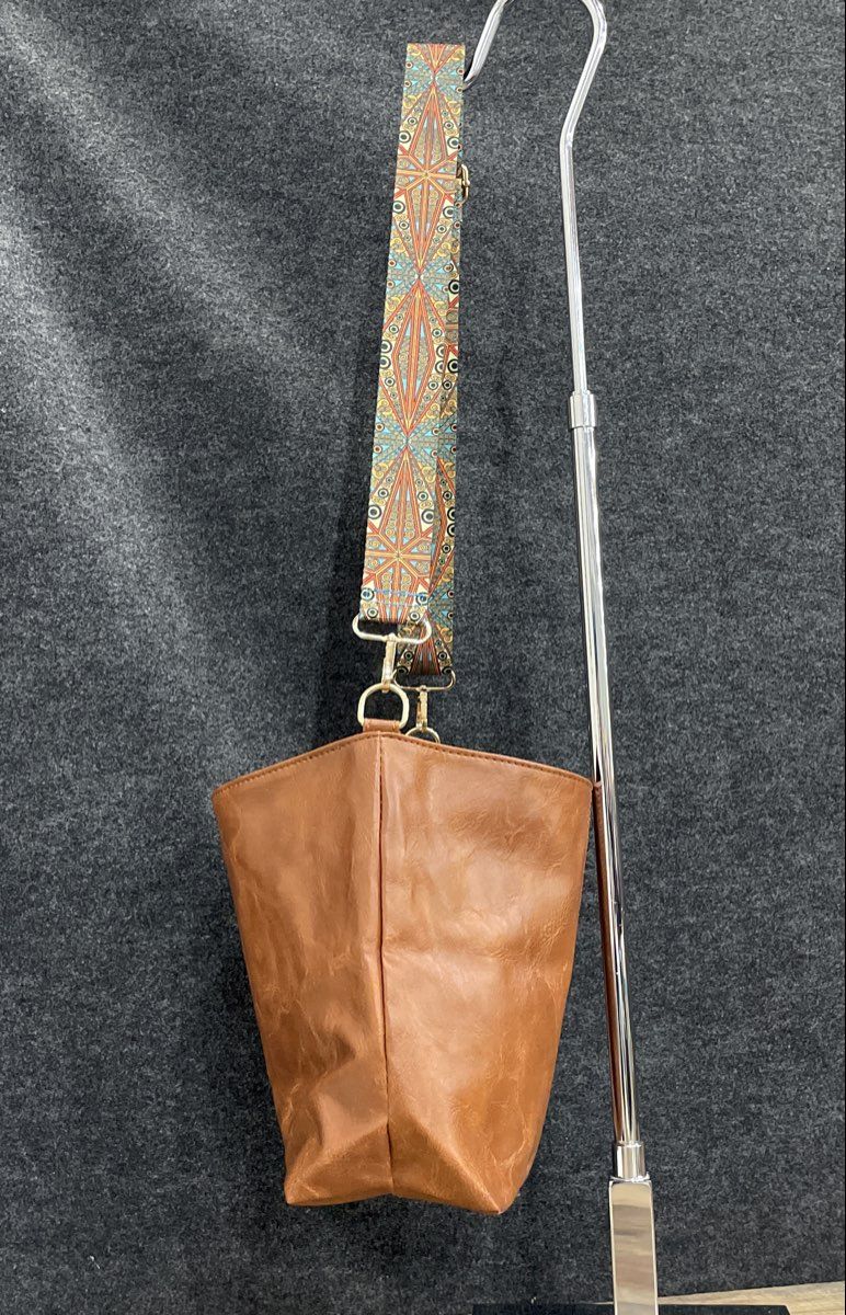 Brown Leather Hobo Shoulder Bag Patterned Guitar Strap Gold Hardware Large