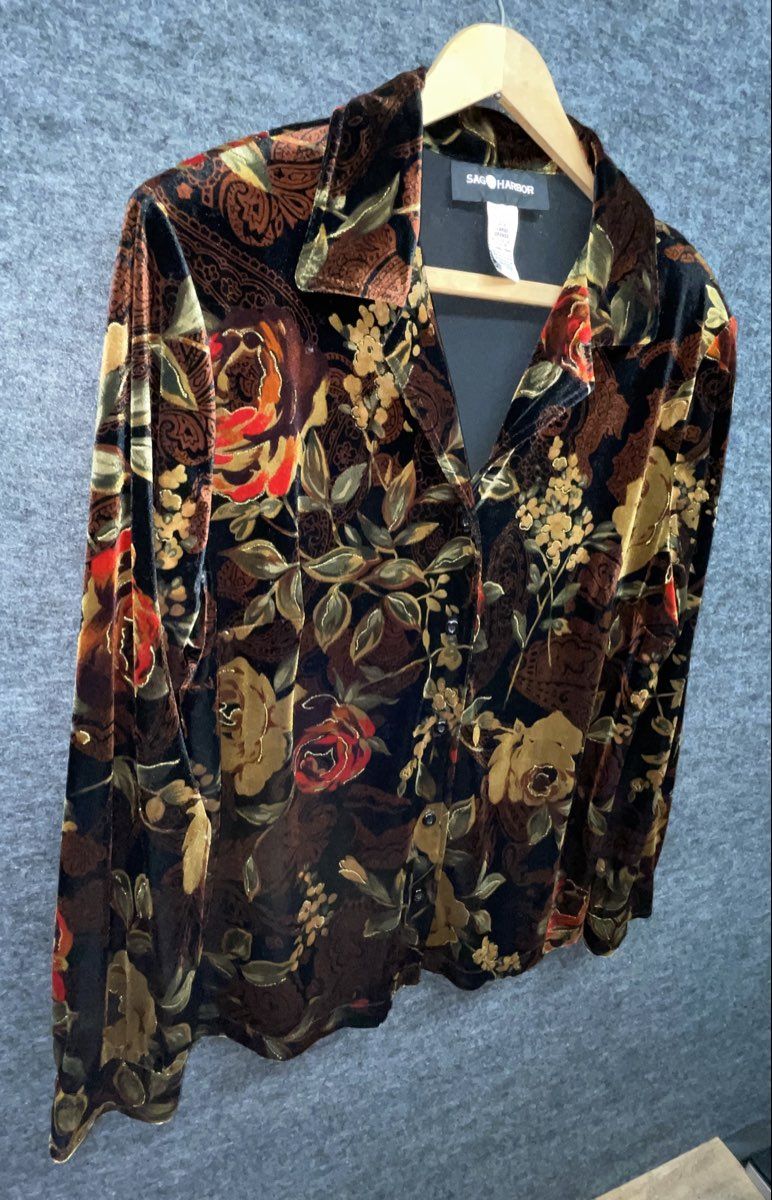 Vintage 90s Jones & Co Women's Floral Velvet Button Up Blouse Gold Sz L