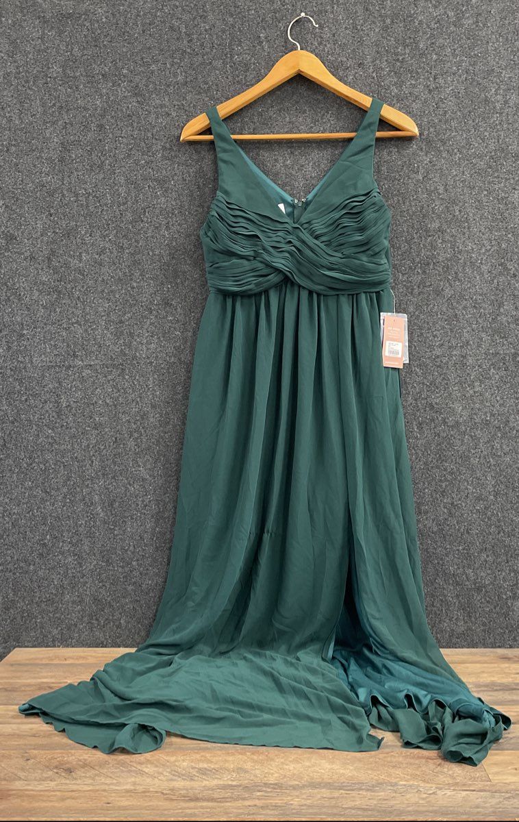 Birdy Grey Women's Dark Green Ruched Chiffon Maxi Dress High Slit NWT Sz L